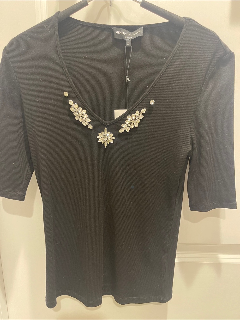 Generation Love Black Top with Crystal Necklace Detail
